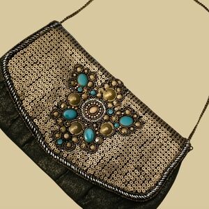 CHICO'S Gold-Dusted Linen Beaded Shoulder Bag